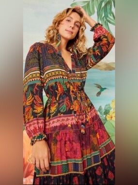 FARM Rio Multicolor Botanical Print Tiered Maxi Dress